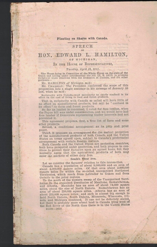 Planting on Shares With Canada Reciprocal Trade 1911 Booklet Edward Hamilton