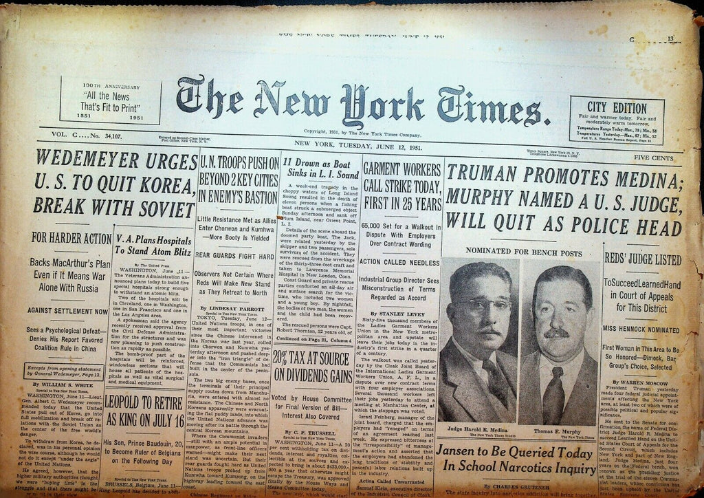 The New York Times June 12 1951 Korean War King Leopold Garment Workers Strike