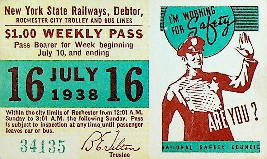 Rochester City Trolley & Bus Lines Pass July 16 1938 Police Safety