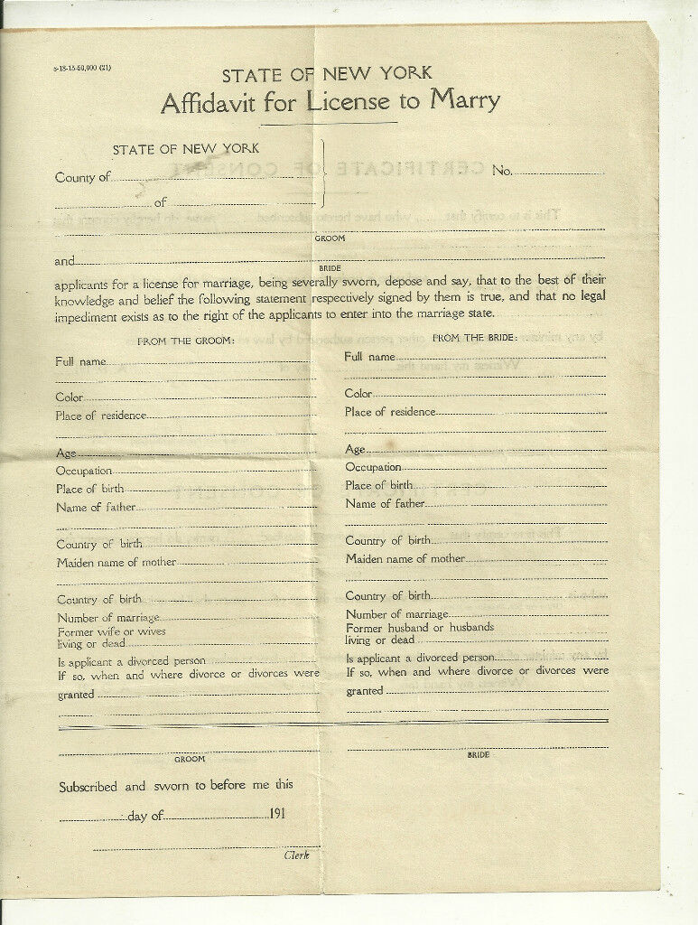 State of New York Affidavit for License to Marry Unused Form 1910s