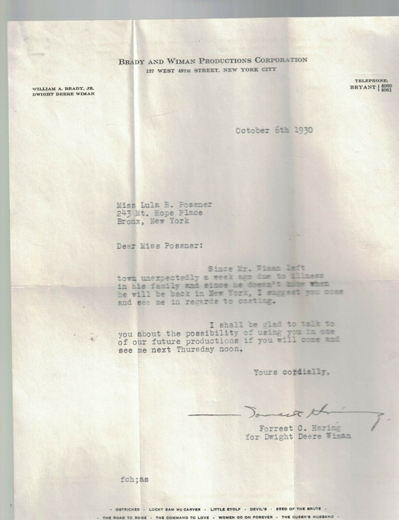 Brady & Wiman Productions 1930 Letter Broadway Forrest Haring