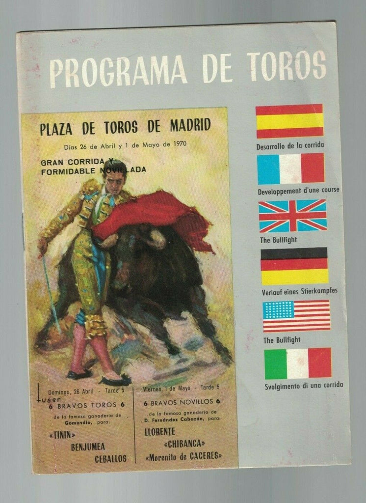 Programa de Toros Bullfight Program April 26 1970 Madrid Spain Plaza de Toros