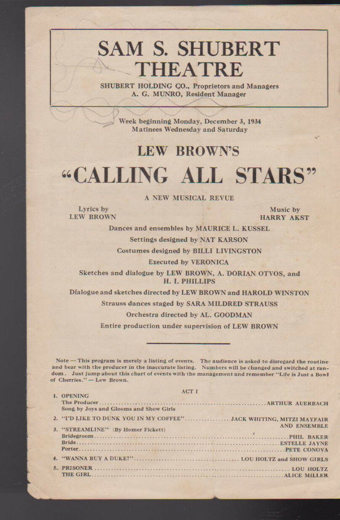 Lew Brown's Calling All Stars Musical Revue Program Martha Raye 1934