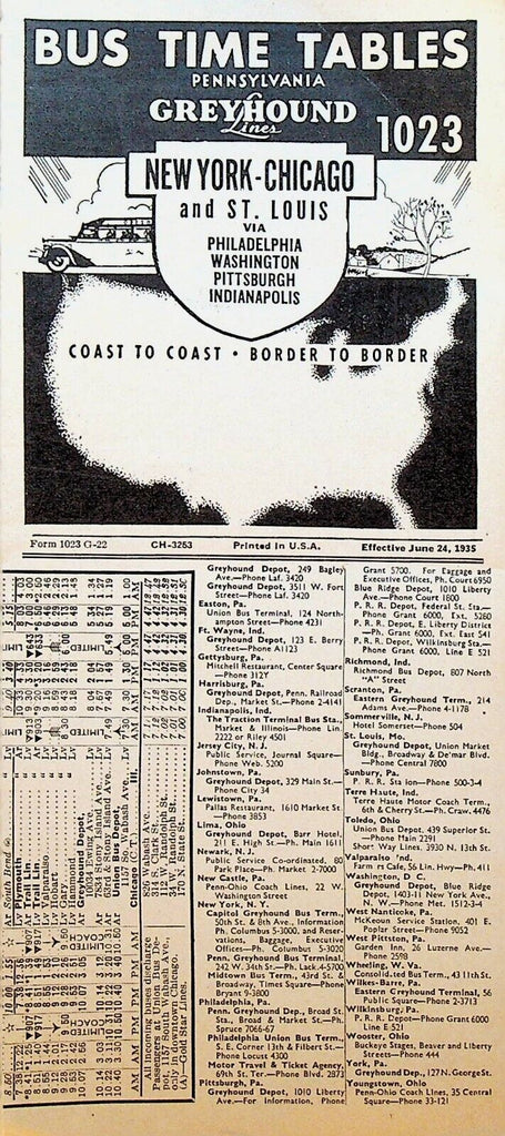 Greyhound Lines Bus Time Tables Pennsylvania #1023 June 24 1935