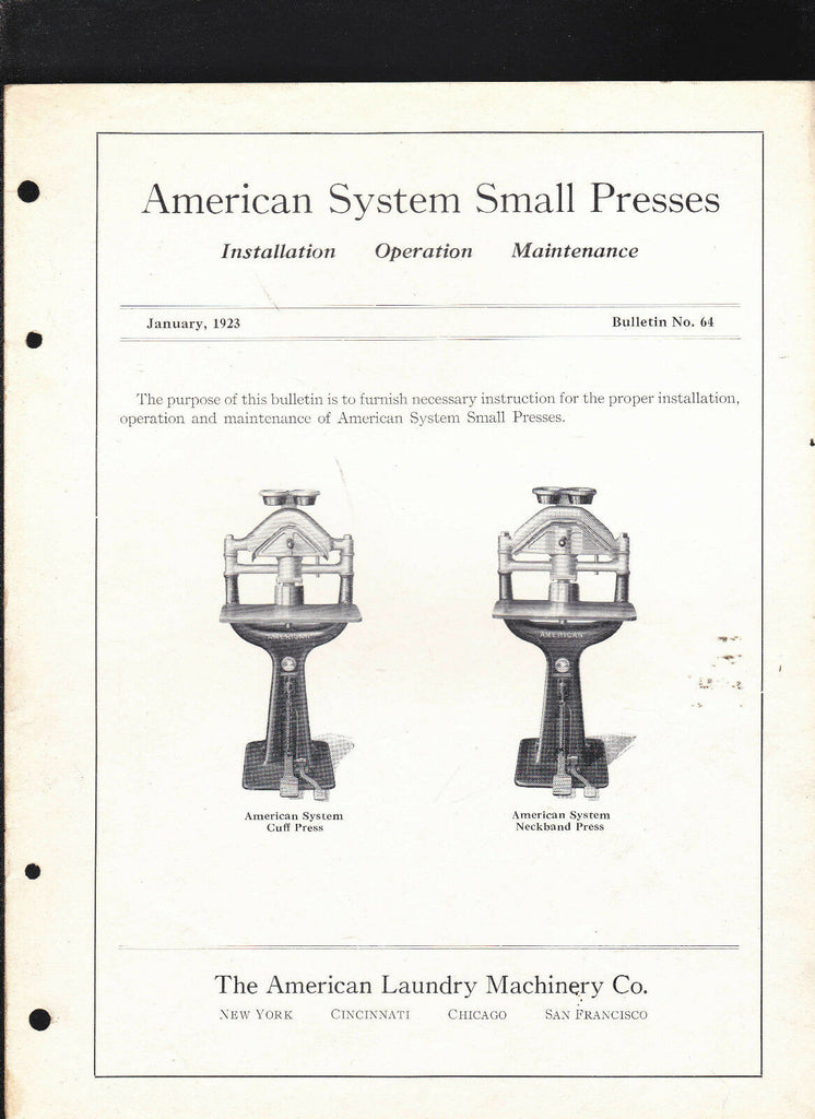 American System Small Presses Installation/Operation/Maintenance booklet 1923