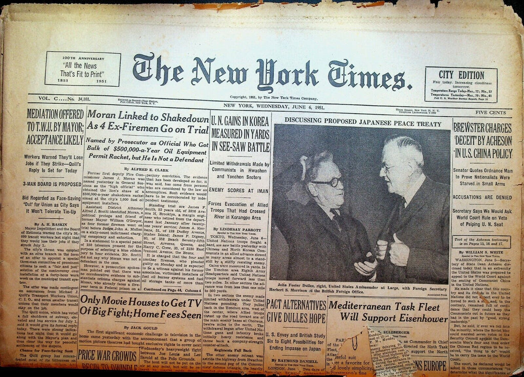The New York Times June 6 1951 Korean War New Jersey Turnpike China UN