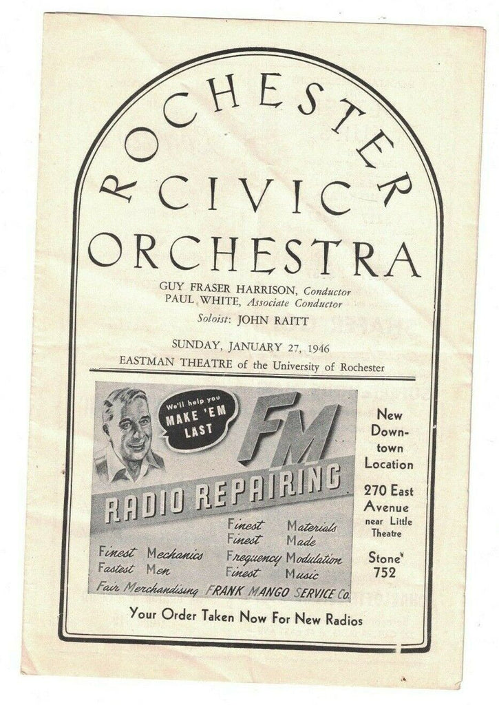 Rochester Civic Orchestra Program January 27 1946 John Raitt Guy Fraser Harrison