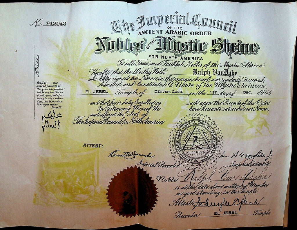 Shriners AAONMS Membership Certificate 1945 El Jebel Temple Denver Colorado