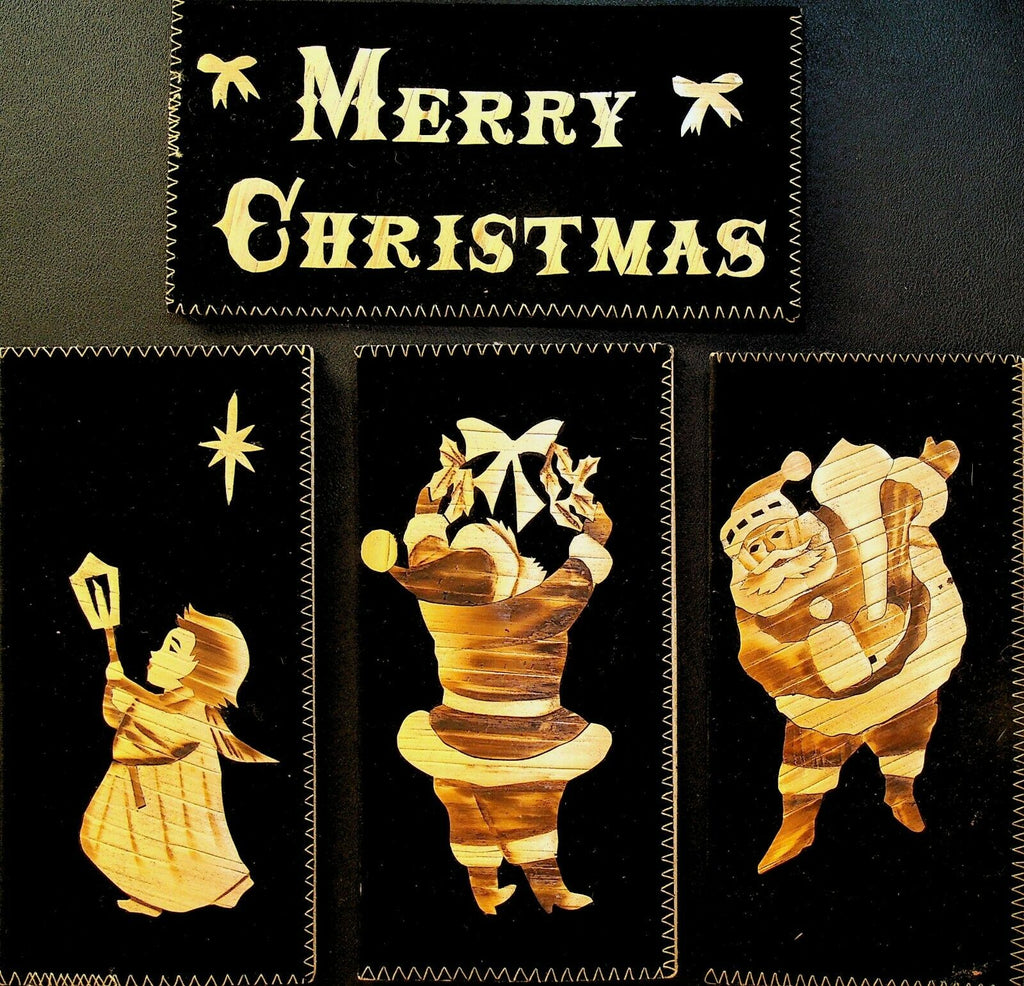 Bamboo Christmas Card Lot of 4 Korea 1966 Santa Claus Angel