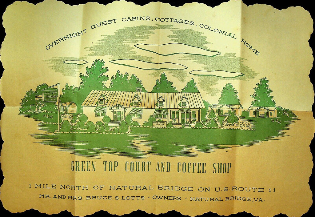 Green Top Court & Coffee Shop Paper Placemat Natural Bridge Va Bruce Lotts 1960s