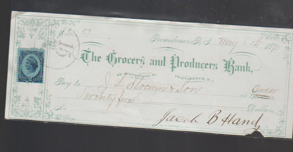 Grocers & Producers Bank Providence RI J Hand Used Check 1877 w Revenue Stamp