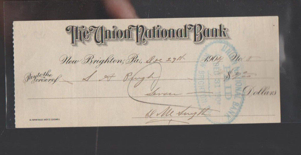 Union National Bank New Brighton Pa Used Check 1904