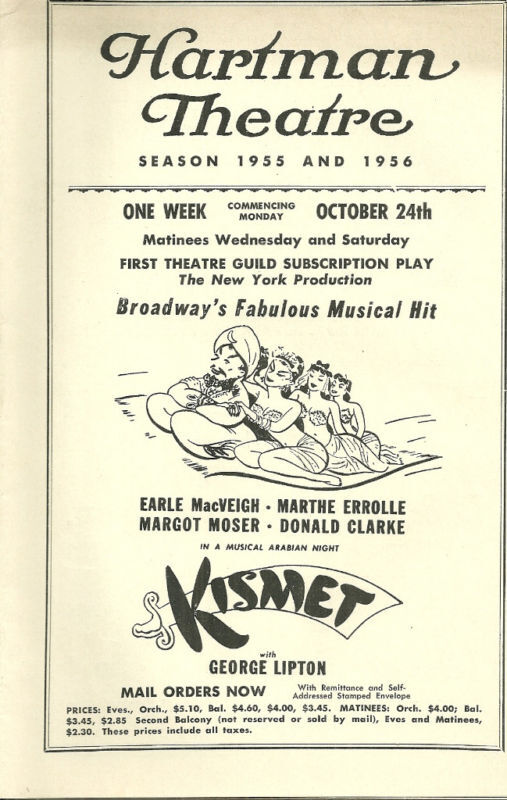 KISMET George Lipton Donald Clarke 1955 Hartman Theatre Program Columbus Ohio