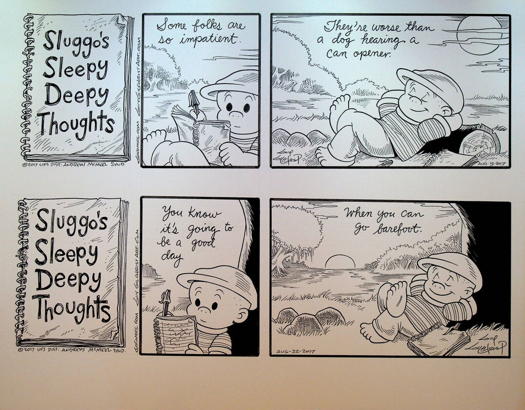 Sluggo's Sleepy Deep Thoughts Original Comic Strip Art 2017 Impatient Barefoot