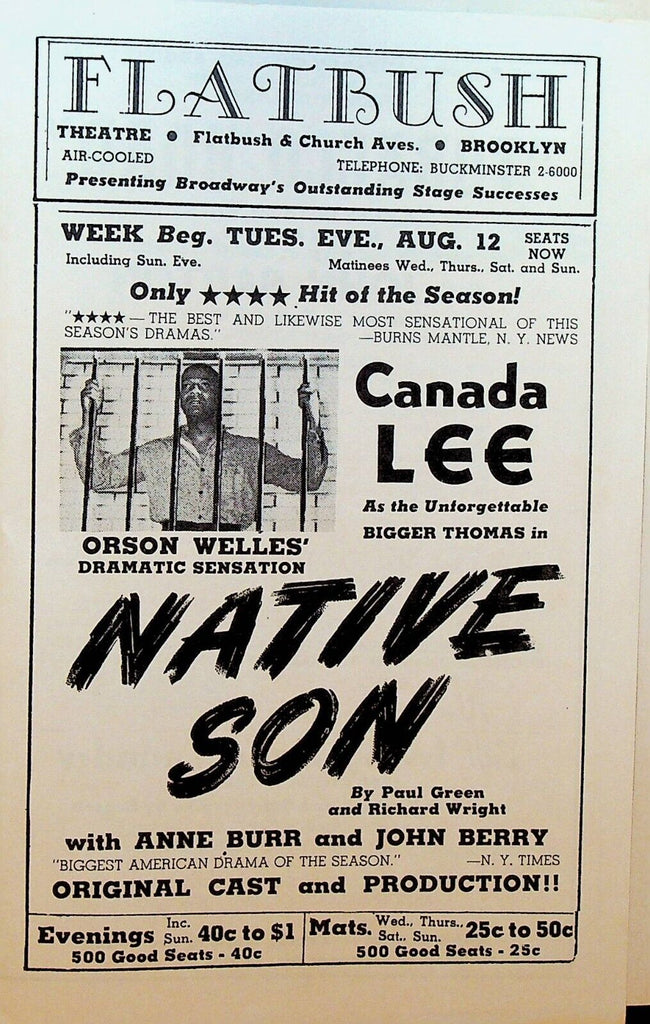 Tobacco Road Program August 5 1941 Native Son Flatbush Theatre Brooklyn NY
