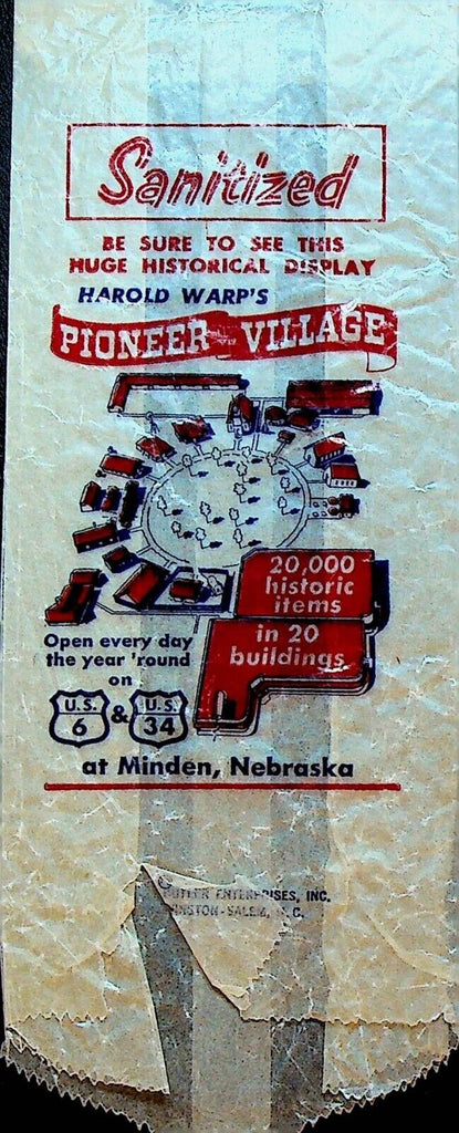 Harold Warp's Pioneer Village Minden Nebraska Vintage Wax Paper Bag