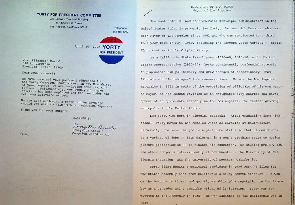 Sam Yorty for President 1972 Mailer & Literature