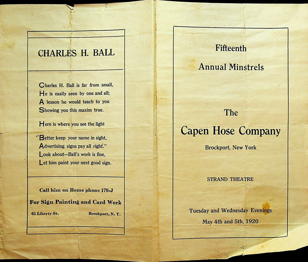 Capen Hose Company Brockport NY Fire Station 1920 Minstrels Program