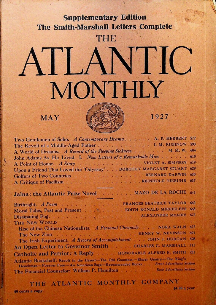 Atlantic Magazine May 1927 Mazo de la Roche Chinese Nationalists John Adams