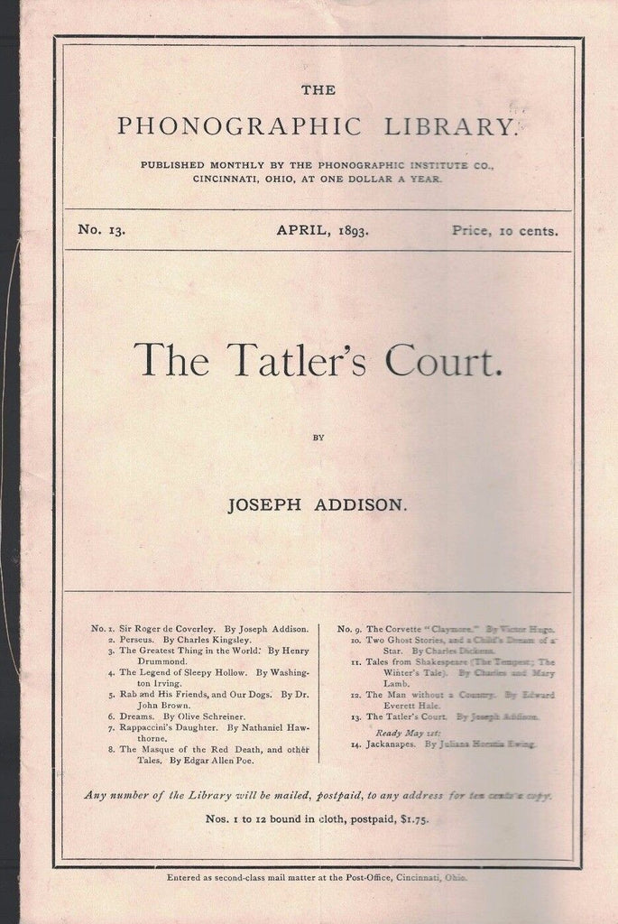 The Tatler's Court Joseph Addison Phonographic Library Shorthand 1893