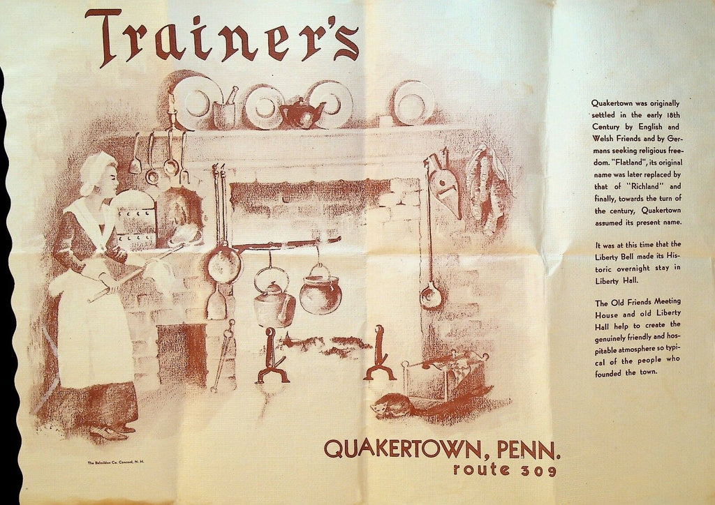 Trainer's Restaurant Placemat Quakertown Pennsylvania Fire Hearth