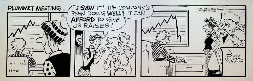Moon Mullins Original Comic Strip Art Ferd & Tom Johnson November 6 1987 Raises