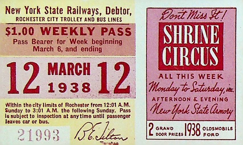 Rochester City Trolley & Bus Lines Pass March 12 1938 Shrine Circus