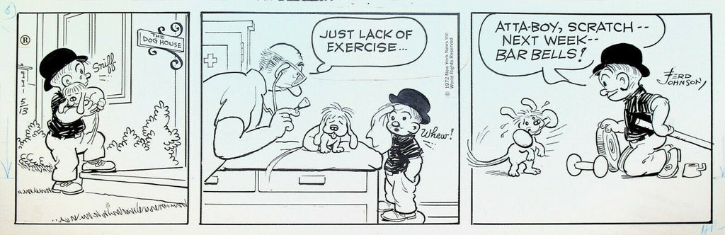 Moon Mullins Original Comic Strip Art Ferd Johnson May 13 1972 Dog Exercise