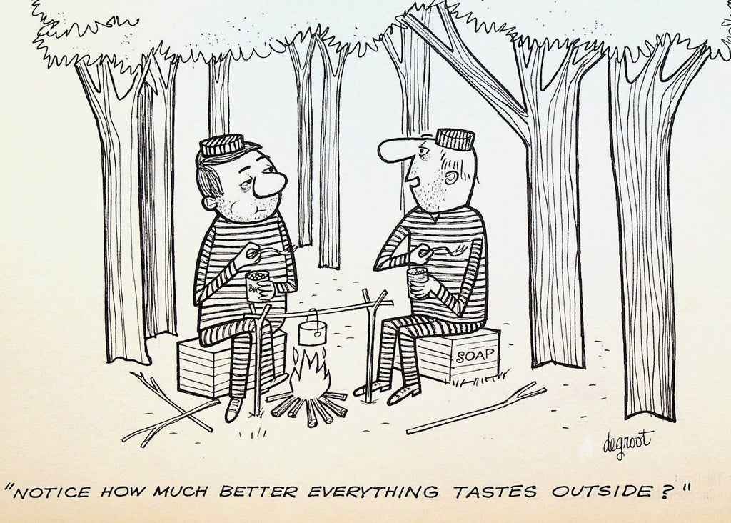 Lee DeGroot Original Art Gag Escaped Prisoners Eating Outside Campfire