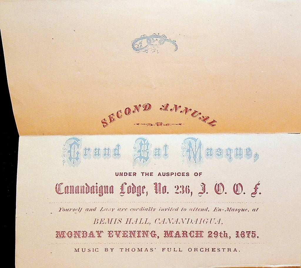 Canandaigua Lodge Grand Bal Masque Oddfellows 236 March 29 1875 NY