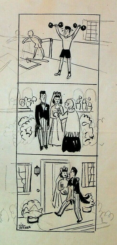 Vic Herman Original Art 1940s Bride Groom Marriage Lifting Weights Threshold