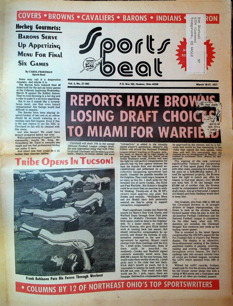 Sports Beat Magazine March 16 1977 Cleveland Barons Browns Indians