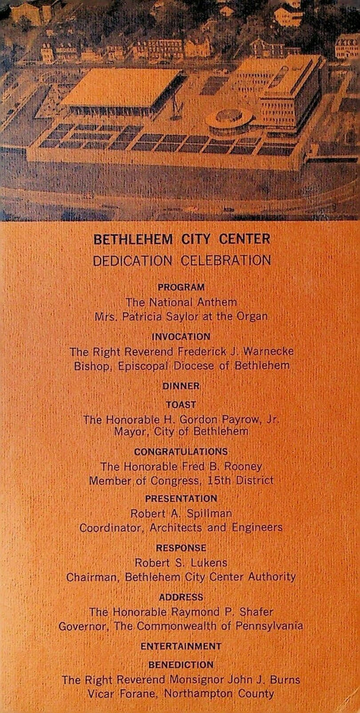 Bethlehem City Center Dedication Ceremony Pennsylvania 1967 Program Card