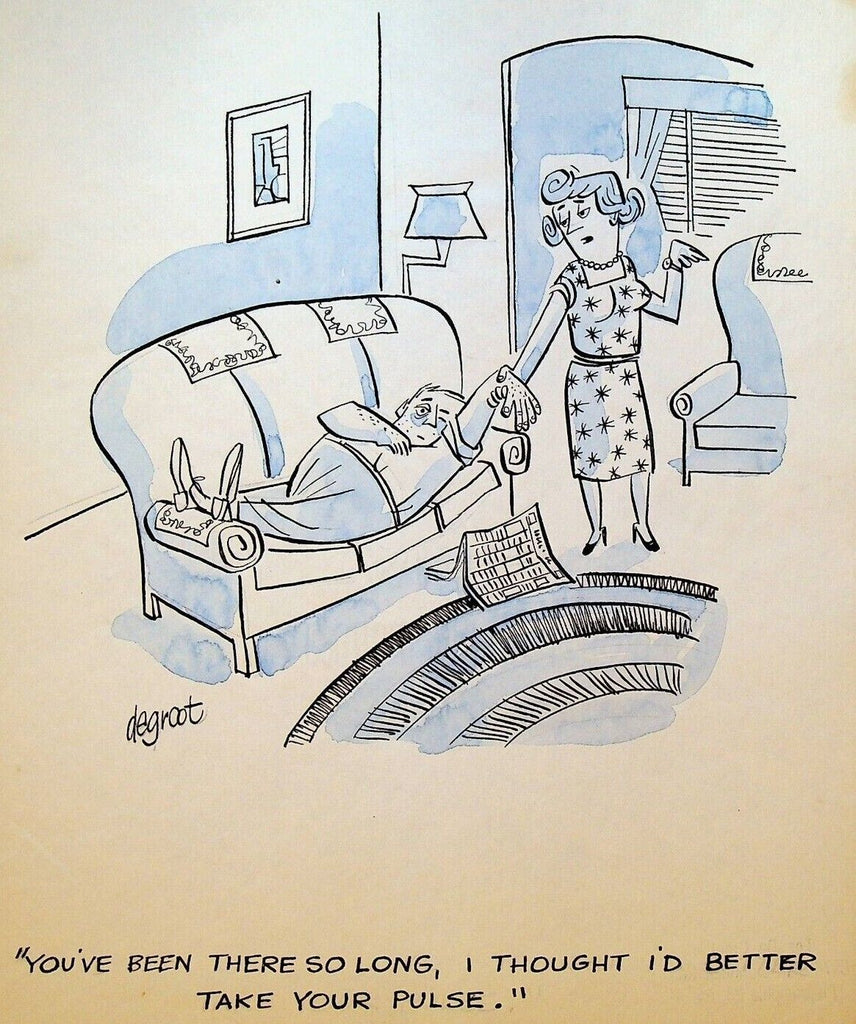 Lee DeGroot Original Art Gag Husband Lay on Couch Wife Check Pulse