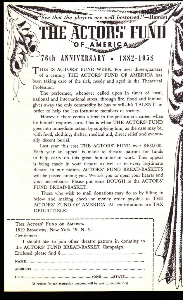 Helen Hayes 1958 The Actor's Fund of America ad flyer