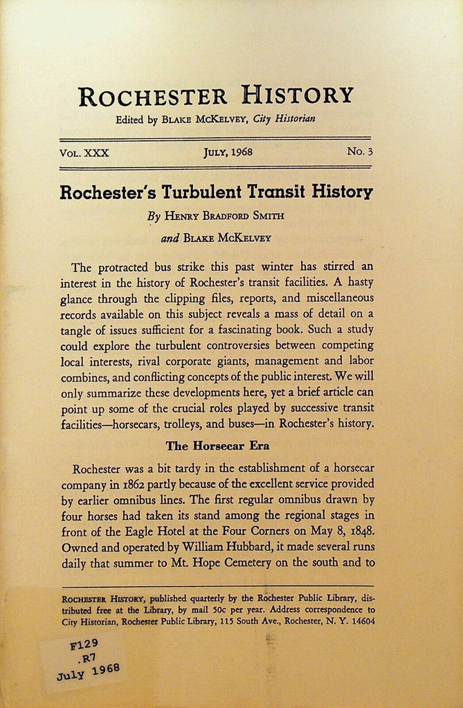 Rochester NY History Magazine July 1968 Turbulent Transit History