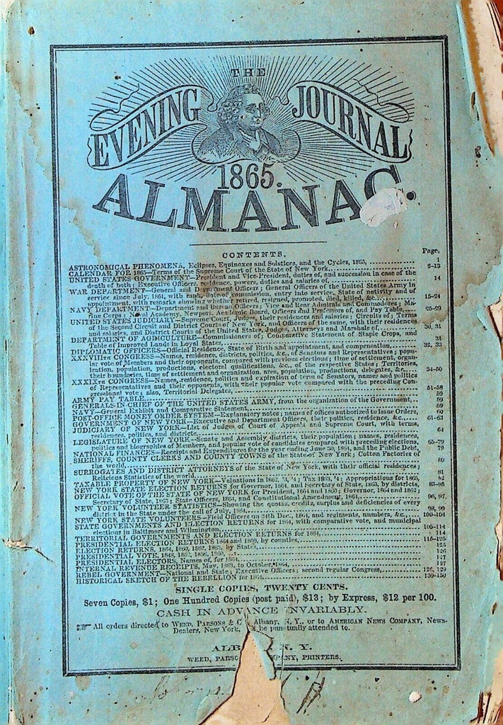 New York Evening Journal Almanac 1865 Civil War Accounts & History