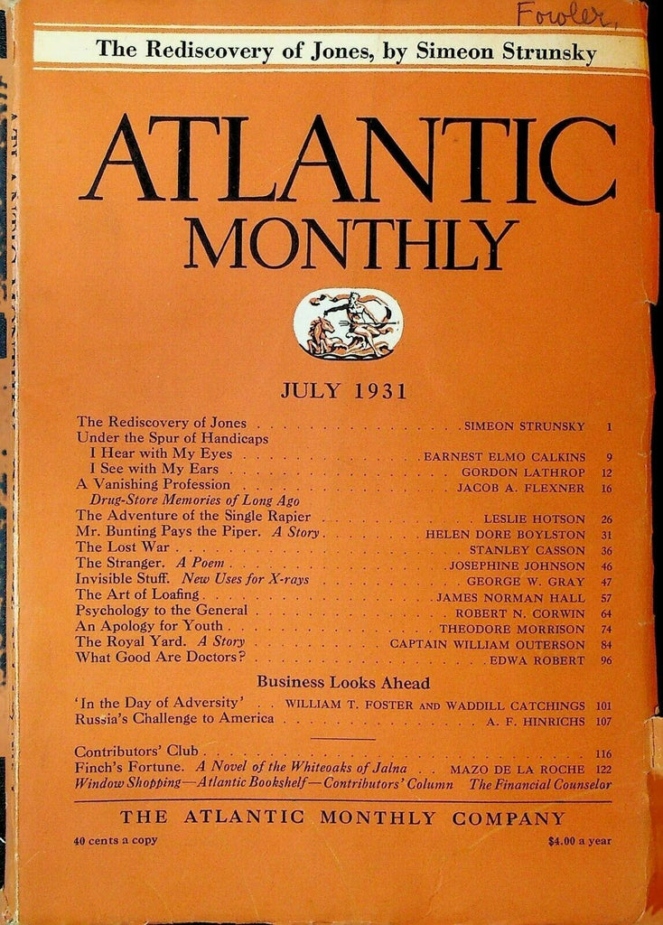 Atlantic Monthly July 1931 Mazo de la Roche Helen Dore Boylston