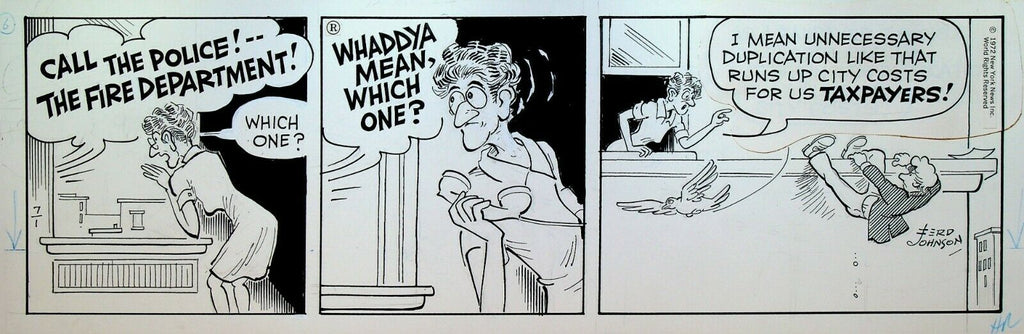 Moon Mullins Original Comic Strip Art Ferd Johnson July 1 1972 Police Fire