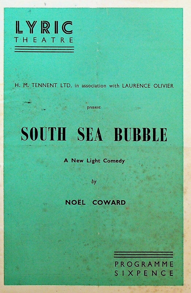South Sea Bubble 1956 Playbill Vivien Leigh Lyric Theatre London