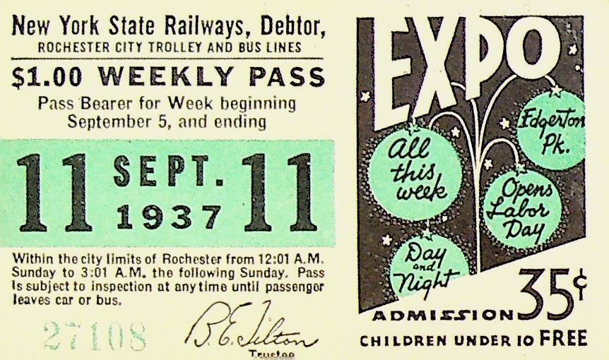 Rochester City Trolley & Bus Lines Pass September 11 1937 Edgerton Park Expo