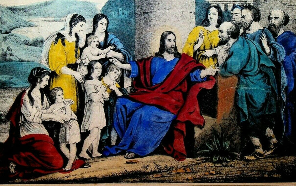 Christ Blessing Children Hand Colored Print Kelloggs & Comstock 1800s