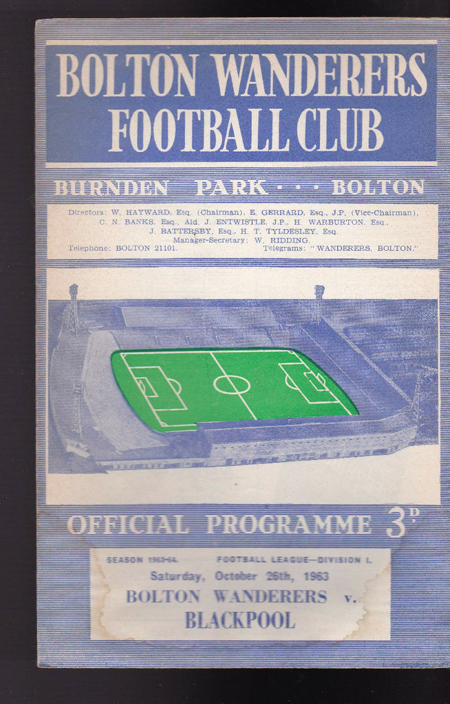 Bolton Wanderers v Blackpool Official Programme October 26 1963 Soccer Football