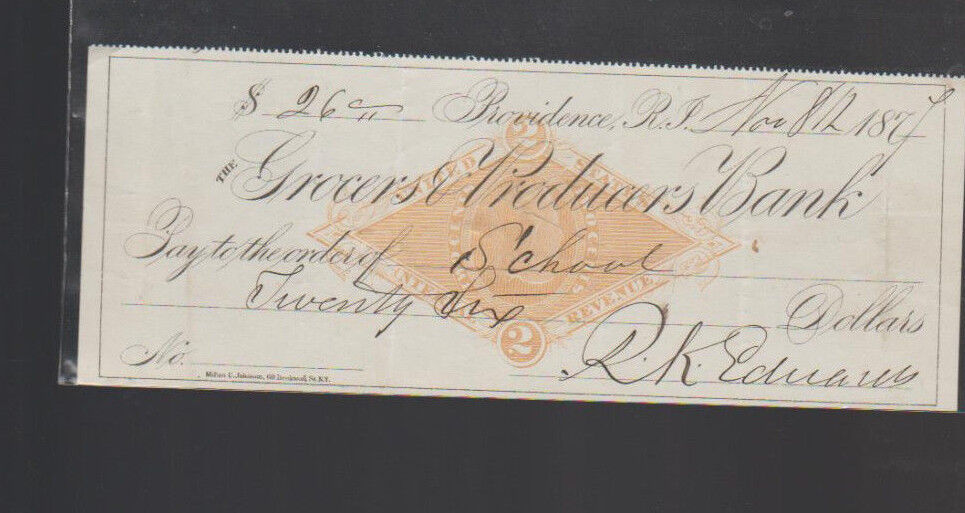 Grocers & Producers Bank Providence Rhode Island Used Check 1871
