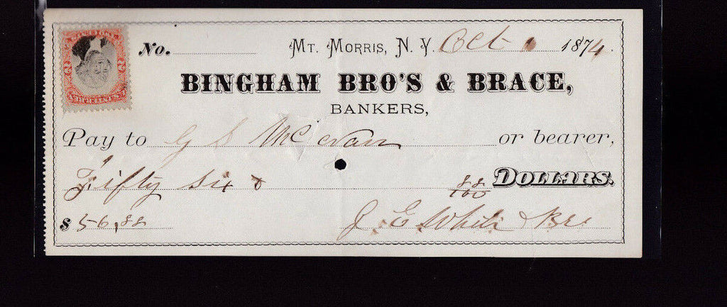 Bingham Brothers & Brace Bankers Check Mount Morris NY 1874 Revenue Stamp