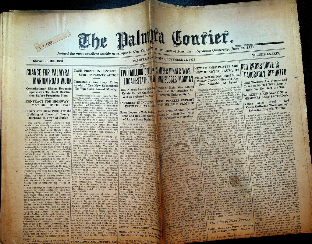 Palmyra NY Courier November 22 1922 Gloria Swanson Red Cross Drive