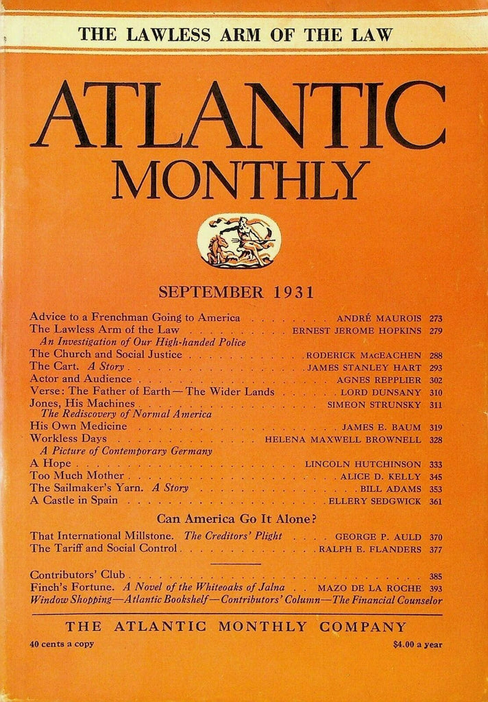 Atlantic Monthly September 1931 Mazo de la Roche Police Brutality