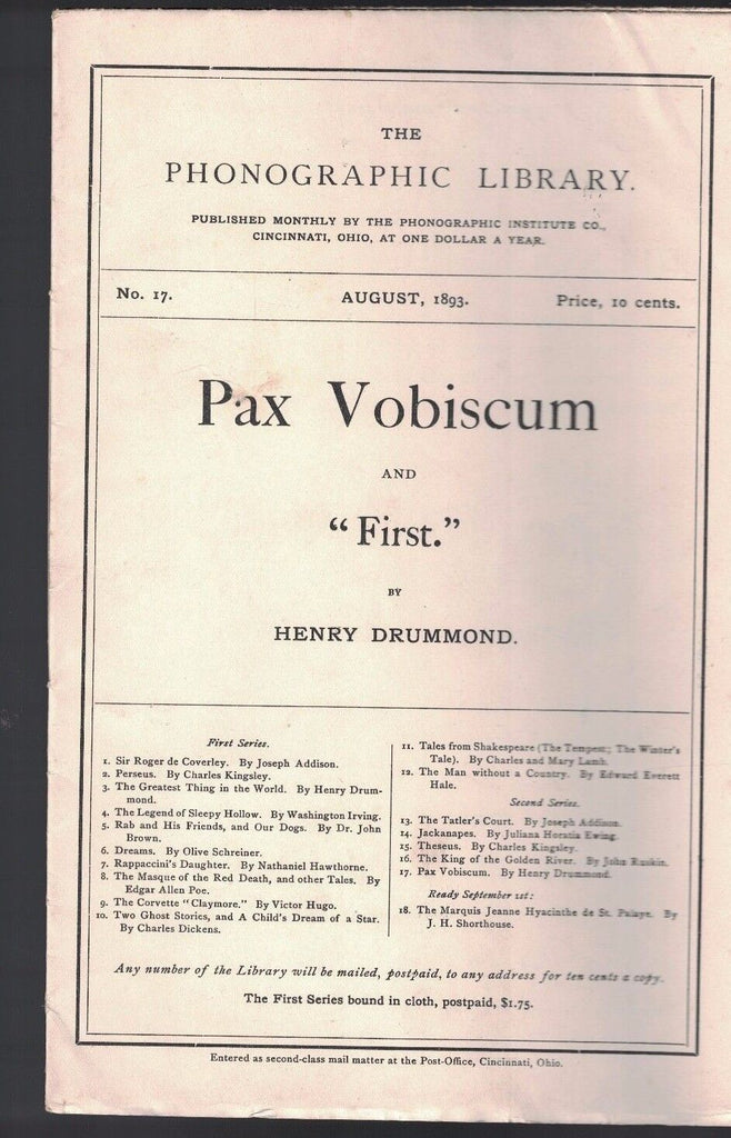 Pax Vobiscum and First Henry Drummond Phonographic Library Shorthand 1893