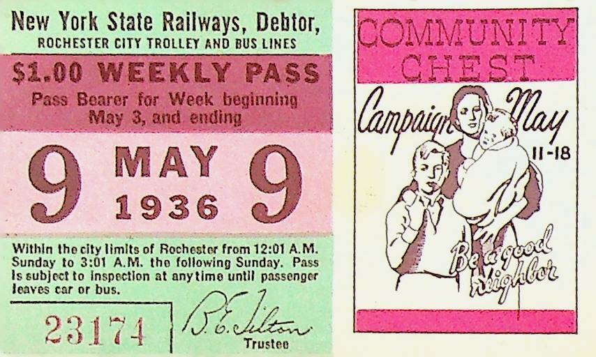 Rochester City Trolley & Bus Lines Pass May 9 1936 Community Chest Campaign