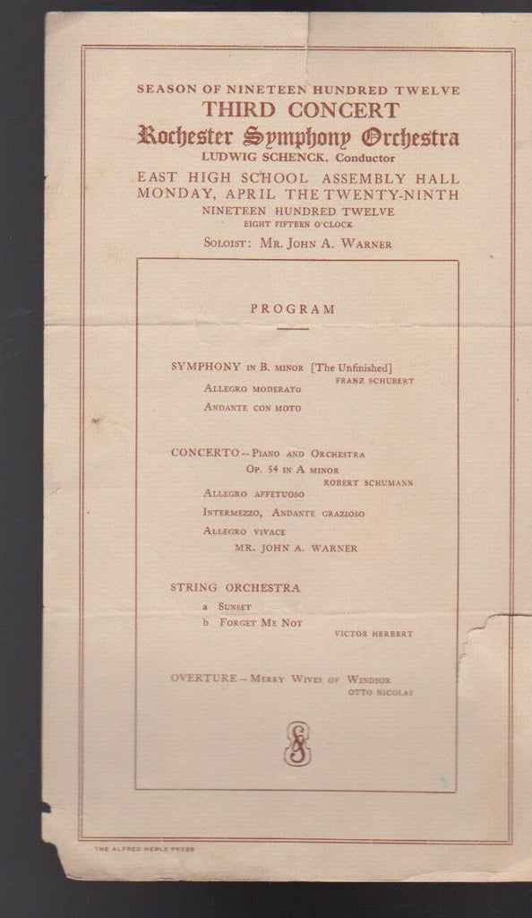 Rochester NY Symphony Orchestra 1912 Third Concert Bill Ludwig Schenck